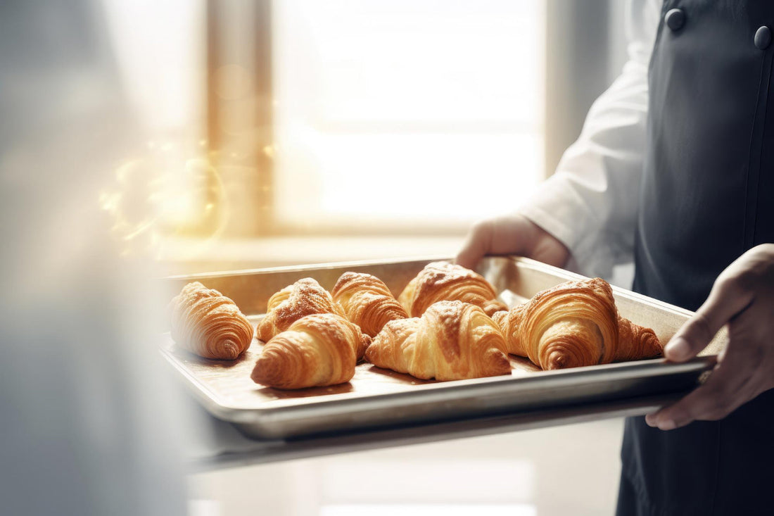 Baker holding a tray of freshly baked croissants