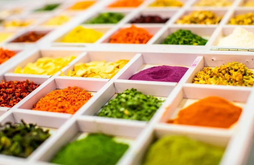 Tray with a variety of spices and herbs 