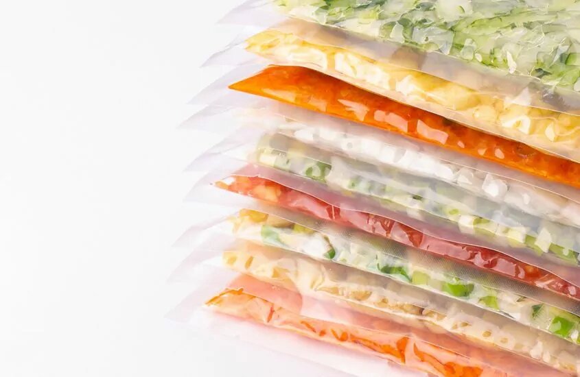 Food aseptically packed stacked on top of each other