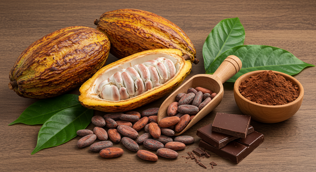 Cocoa fruit, cocoa seeds, cocoa powder and pieces of a chocolate bar on a table