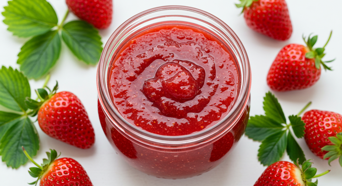 A jar of strawberry coulis surrounded by strawberries