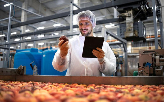 Food technologist performing quality control on apples in a food processing plant