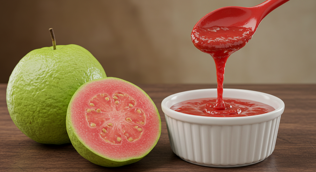 A bowl of guava sauce next to guavas