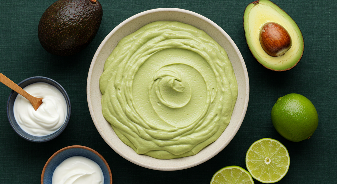 Bowl of lime avocado sauce surrounded by an avocado, limes, and cream.