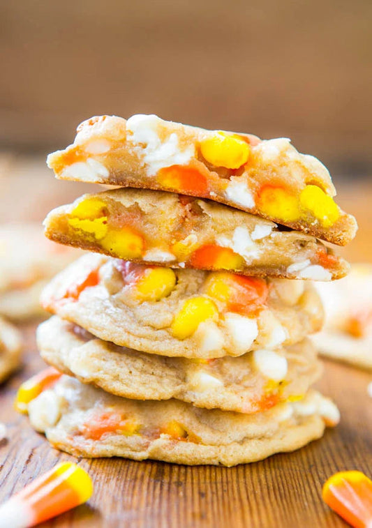 5 candy corn cookies stacked on top of each other
