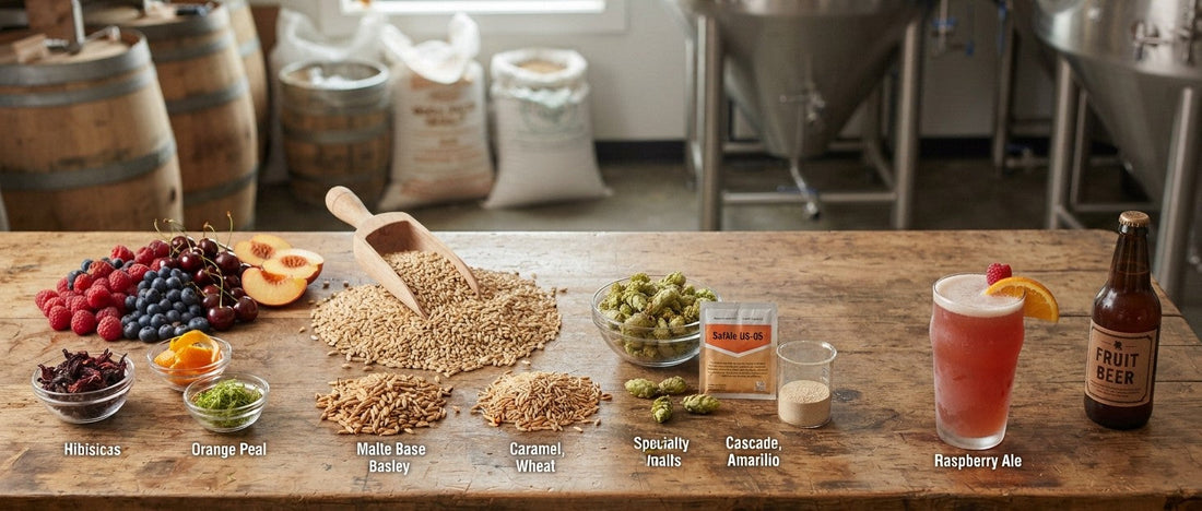 ingredients to produce a raspberry ale beer
