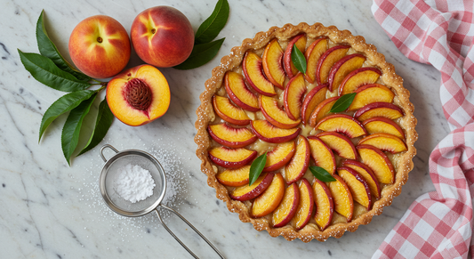 A peach pie next to three peaches